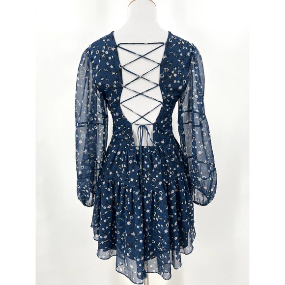 KARINA GRIMALDI Olga Mini Dress Womens Small Blue Mood Floral Lace Up - Picture 5 of 14